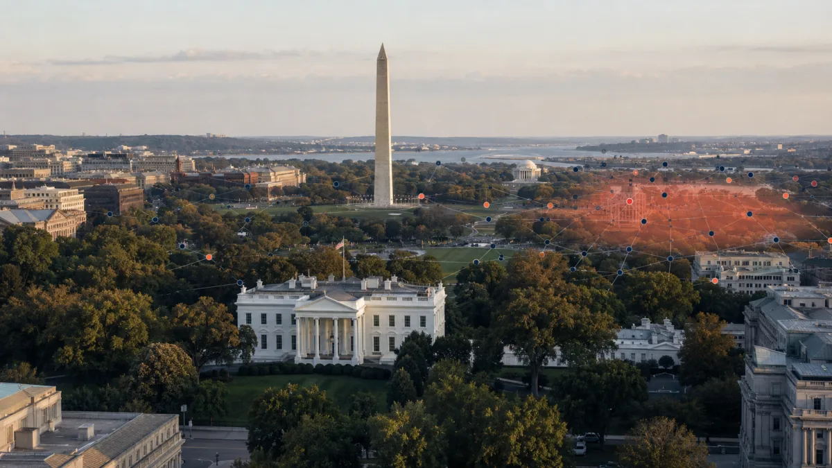 Aerial view of the White House and Washington Monument with a subtle data visualization overlay representing crime patterns across Washington, D.C.